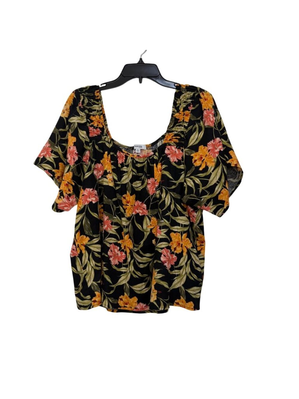 Kensie Women Blouse Floral Black Multicolor Short Sleeve Size Large Linen Blend